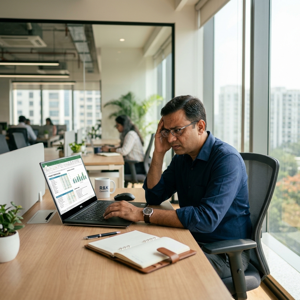 Business owner at office desk overwhelmed by paperwork and disconnected systems